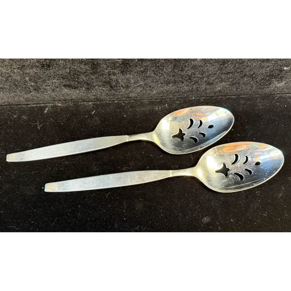 Oneida Community Stainless Frost Fire Pierced Serving Spoons Set of 2 Vintage